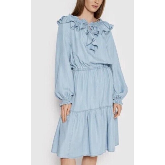 🆕RALPH LAUREN Denim Ruffled Midi Dress Blue 16 - Picture 4 of 12